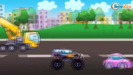 Dessin animé en français. Voiture de police, Pelleteuse - Jeu d'assemblage. Développement d'enfants
