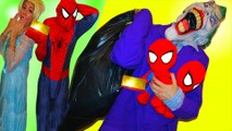 SPIDERMAN & FROZEN VS JOKER! JOKER STEALS SPIDERBABIES & GOLD! Superhero Fun In Real Life :)