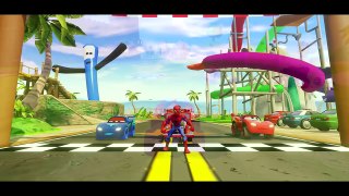 MONSTER TRUCKS MCQUEEN COLORS SMASH CARS & LIGHTNING MCQUEEN + FUN with Spiderman & Mickey Mouse_10