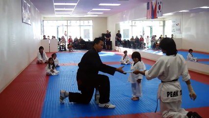 Un enfant essaie de casser une planche au cours de taekwondo