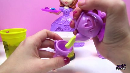 Sofia Tea Party Ep.1 - Guests Princess Rapunzel and Belle - Making Play Doh Cookies Dress