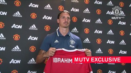 Zlatan Ibrahimovic first interview in Manchester United, posing with shirt.