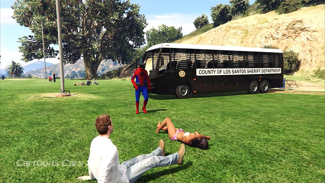 Police BUS Cars with Policeman Spiderman Cartoon for Kids and Nursery Rhymes Song