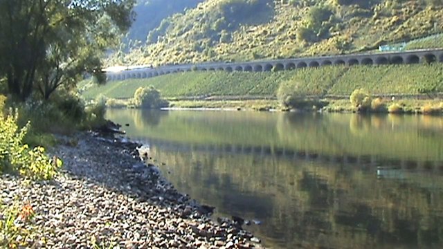 Züge, ein Schiff und ein Schwan beim Pündericher Viadukt, BR181, BR185, BR189, 628, 426, 425