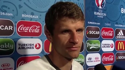 Thomas Müller making fun of the reporter after Italy win