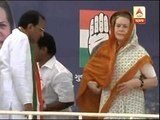 Congress president Sonia Gandhi arrives at Rajkot to address a party rally