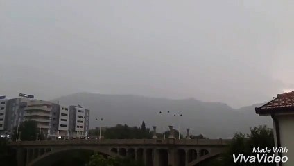 Intense close range footage of lightning striking bridge