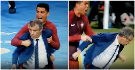 Ronaldo assusta Fernando Santos durante os festejos no banco