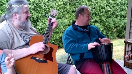 Toddler interrupts jamming session with a slug