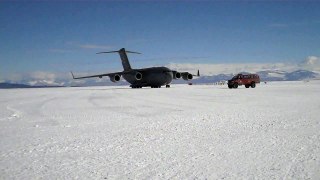 C-17 Globemaster taxiing after landing on glacier ice runway in Antarctica!!