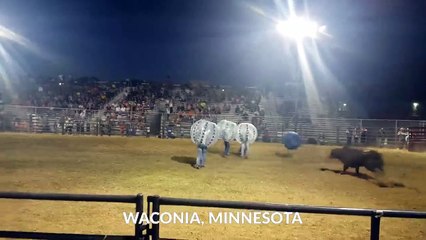 Un taureau fait voler des hommes ballons dans une arène !