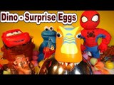 Dinosaur T Rex finds Kinder Surprise Eggs with Cookie Monster Lightning McQueen and Spiderman