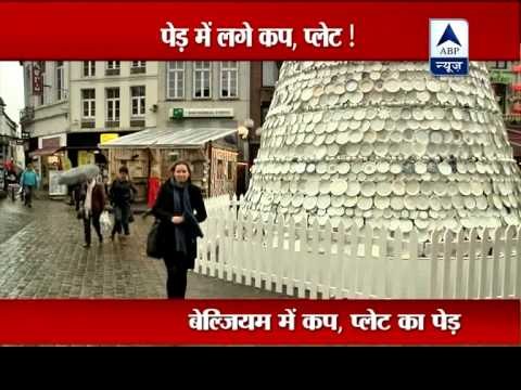 A Belgian Christmas tree made entirely of tea cups and dinner plates