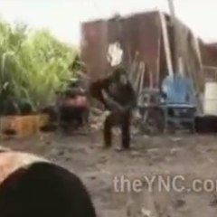 A monkey armed with a Kalashnikov scares some soldiers