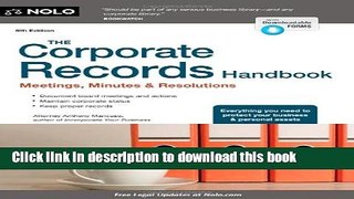 Read The Corporate Records Handbook: Meetings, Minutes   Resolutions Ebook Free