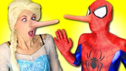 Spiderman is a LIAR! Frozen Elsa gets a long NOSE w/ Pink Fairy, Hulk Superheroes in real movie
