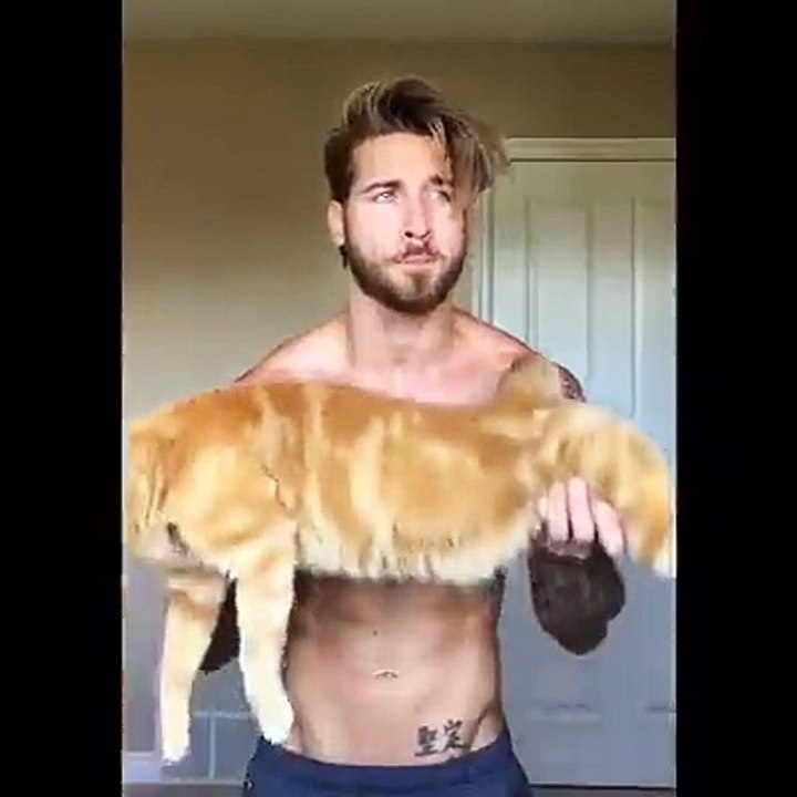 Hot boy GYM with cat