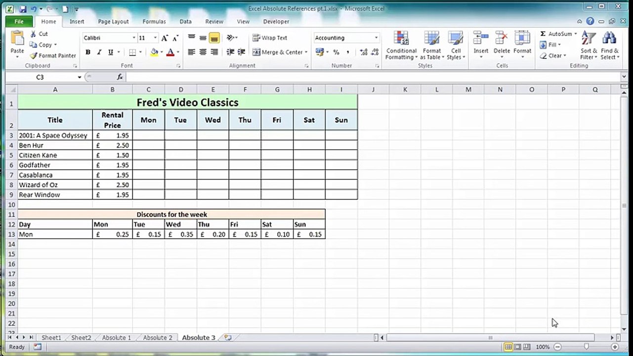 Excel 2010 Tutorial For Beginners #16 - Absolute References Pt.2 - Mixed References (MS Excel)