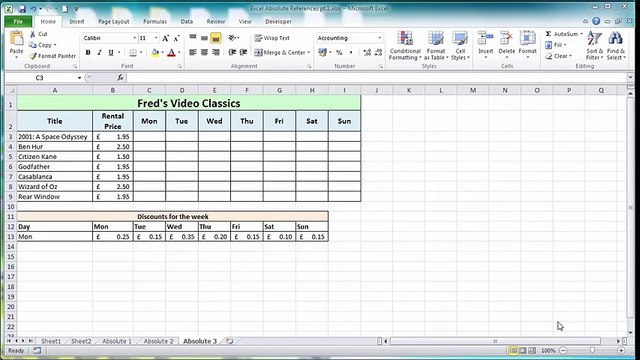 Excel 2010 Tutorial For Beginners #16 - Absolute References Pt.2 - Mixed References (MS Excel)