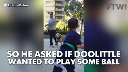 Young fan plays imaginary baseball with A's Sean Doolittle