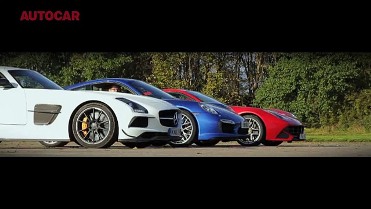 Ferrari F12 Berlinetta vs Porsche 911 Turbo S vs Mercedes SLS Black Series - 200mph drag race