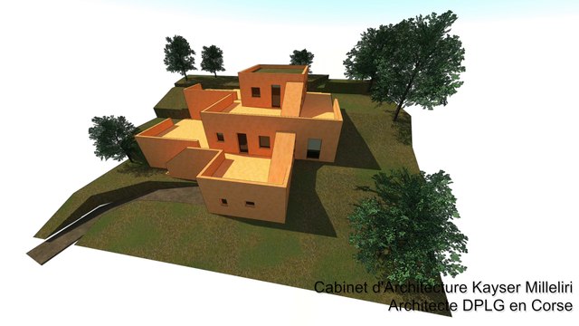 maison d'architecture contemporaine en béton de terre ( pisé ) en Balagne ( Corse )