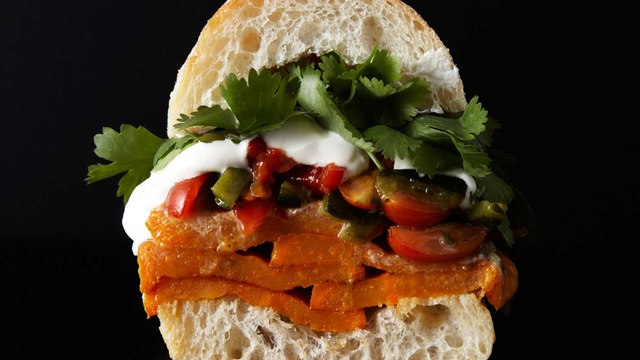 Roasted Sweet Potato Sandwich with Rajas Salsa