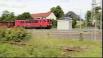 Trains passing the Majoransheide level crossing near Lübben Station in Lübben, Landkreis Dahme Spree