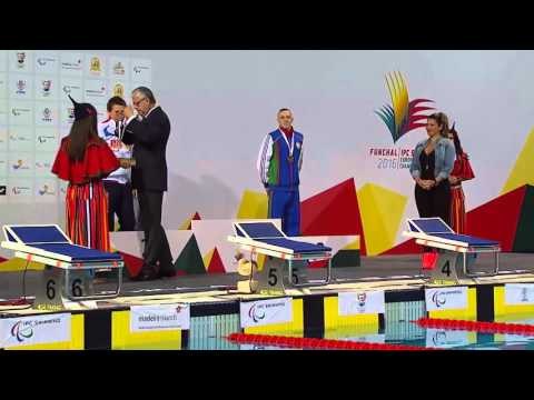 Men's 100m Butterfly S13 | Medals Ceremony | 2016 IPC Swimming European Open Championships Funchal