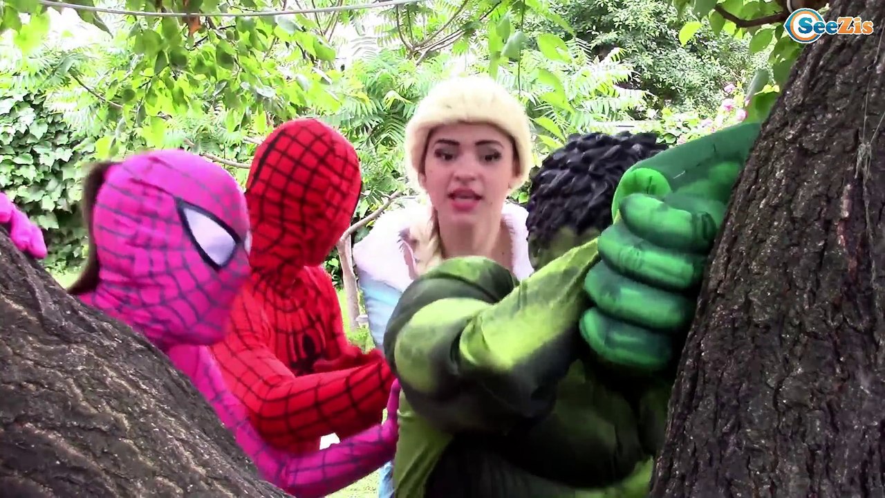 Superheroes in Real Life! Spiderman vs Hulk & Frozen Elsa w/ Pink Girl Superheroes play hide & seek