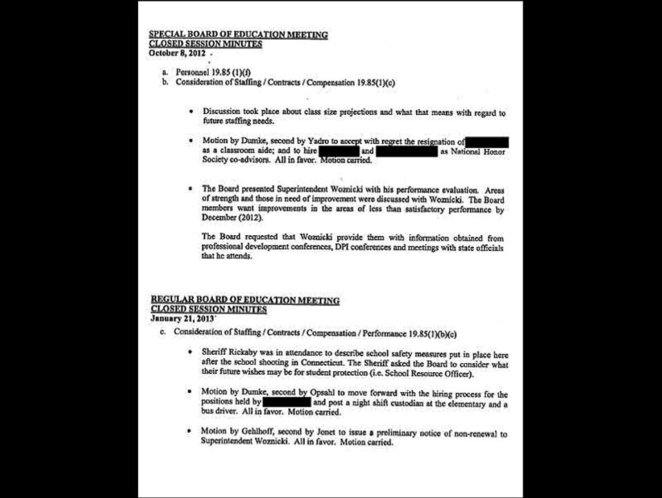 Thomas Woznicki and Florence County, Wisconsin School Board Minutes