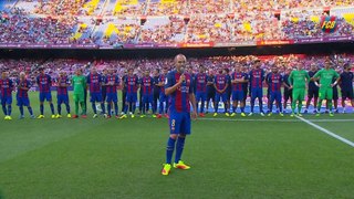 Luis Enrique and Andrés Iniesta address the Camp Nou crowd at the Gamper game