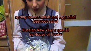 Russian New Year's special. Spring onion, radish and egg salad. Russian beetroot salad.