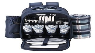 VonShef 4 Person Blue Tartan Picnic Backpack With Cooler Compartment Detach