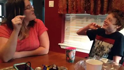 My mom and brother trying Finnish candy