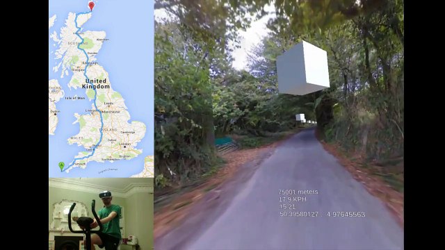 Sur son vélo d'appartement il parcourt l’Angleterre et visite le pays... Merci la réalité augmentée