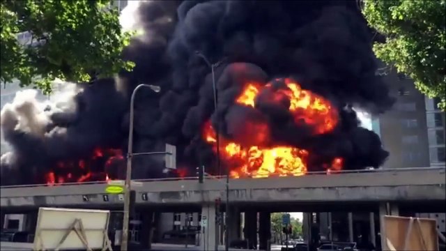 Un énorme incendie à Montréal du à l'explosion d'un camion citerne rempli de carburant !