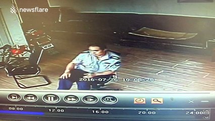 Security guard narrowly escapes being hit by rolling lorry tyre