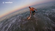 Man helps worn out shark get back into the sea after long fight with fisherman