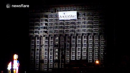 Controlled demolition of iconic tower in Las Vegas