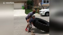 Ten-year-old amputee works out with wounded marine