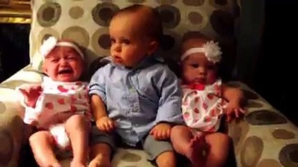 Cute Baby is Surprised at Meeting Twin Sisters