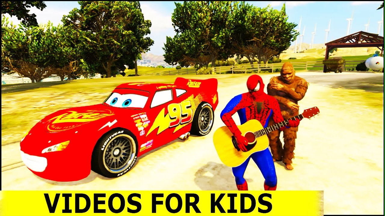 SPIDERMAN and BIGFOOT in Funny Cars Cartoon for Kids and Children with Nursery Rhymes Songs