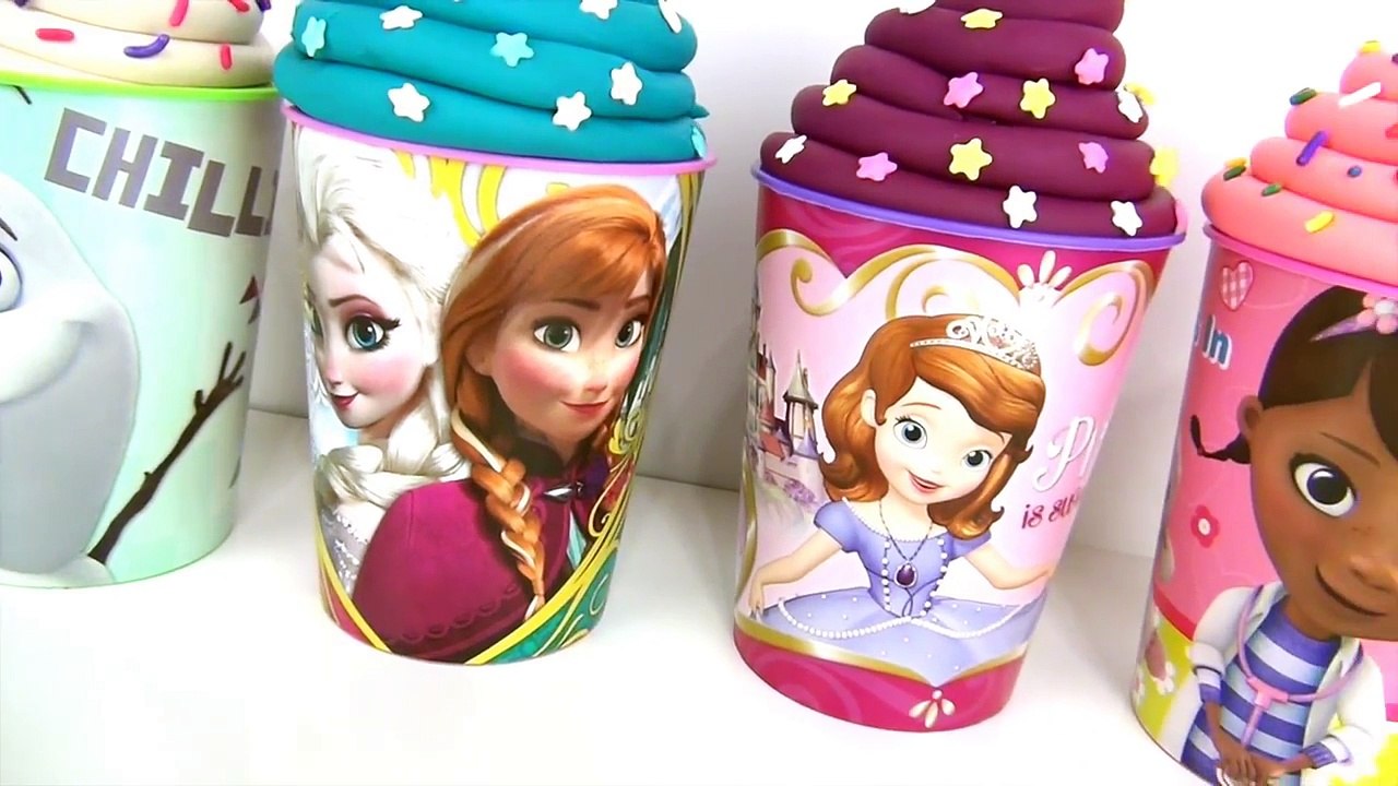 DISNEY Ice Cream Playdoh Cups with Frozen Elsa, Olaf, Princess Sofia The First, DocMcstuffins / TUYC