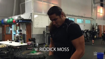 Tino Sabbatelli and Riddick Moss try to outdo each other in the medicine ball th