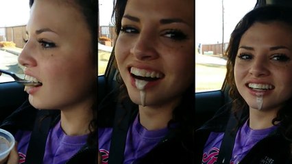 Cette fille essaye de manger un milkshake après une chirurgie buccale