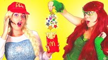 Frozen Elsa vs Poison Ivy at McDonalds! w/ Spiderman, Pink Spidergirl, Joker, Catwoman, An