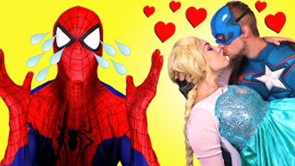 Is Frozen Elsa Kissing Captain America? w/ Spiderman Pink Spidergirl Disney Princess Rapun