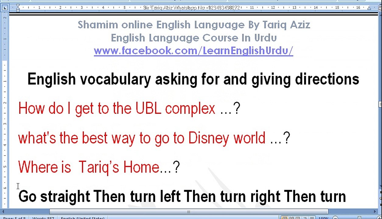 English vocabulary asking for and giving directions In urdu
