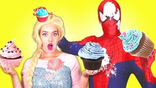Spiderman vs Frozen Elsa CUPCAKE Battle! w/ Pink Spidergirl, Disney Princess Cinderella &